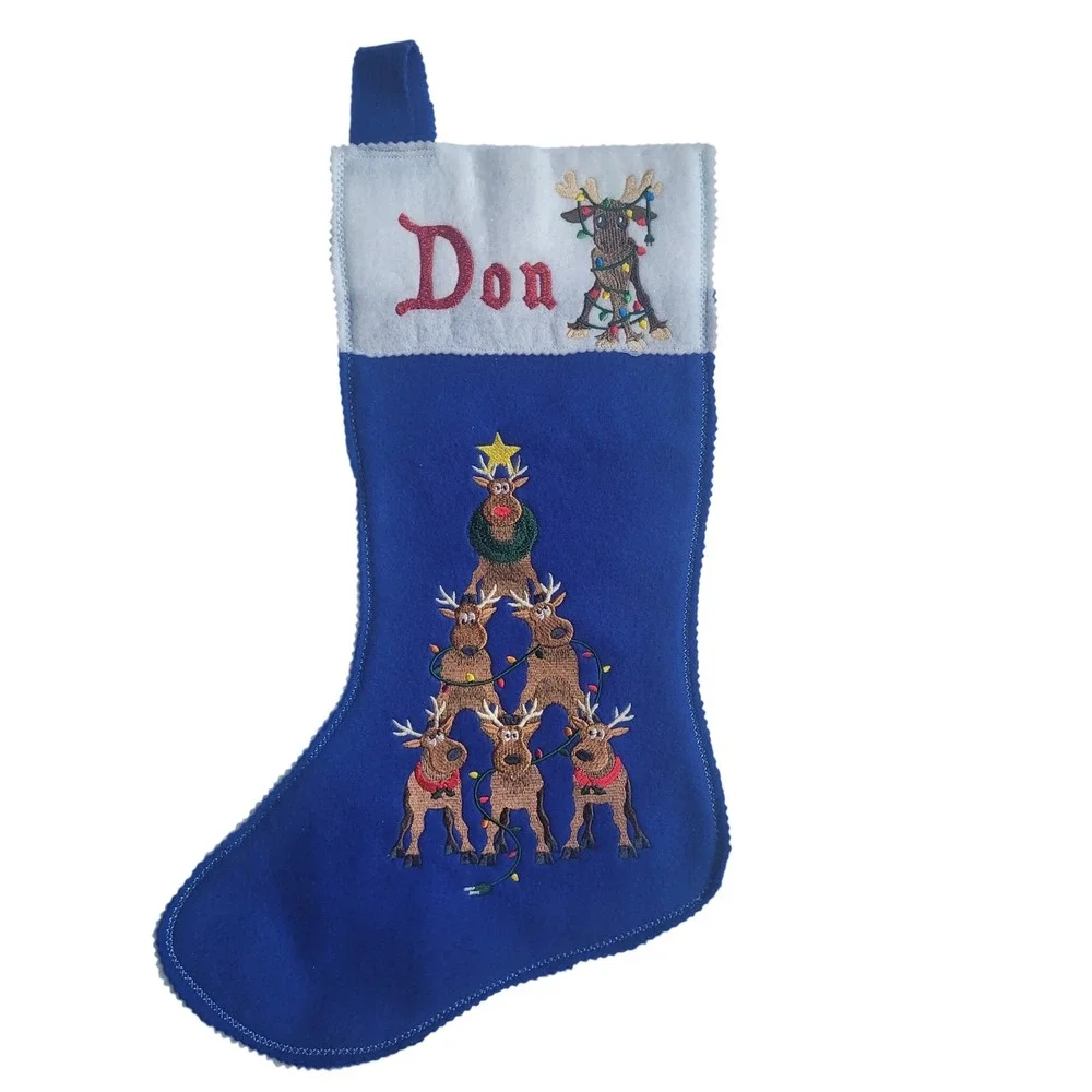 Christmas Stocking Don Reindeer Pyramid Embroidered Blue